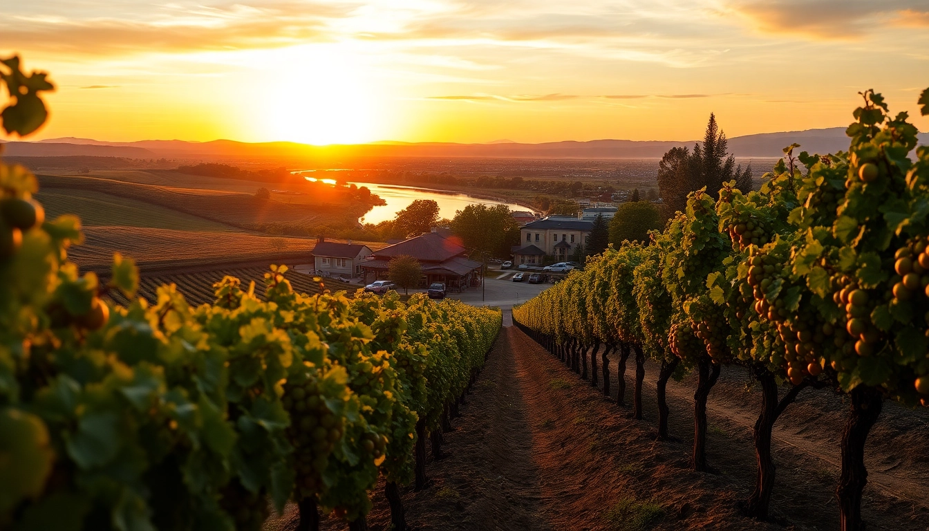Experience clarksburg's scenic vineyards and river views under a vibrant sunset.