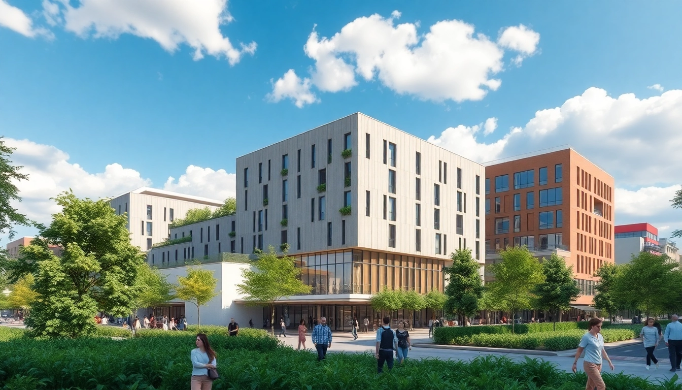 Architekturvisualisierung zeigt moderne Gebäude in urbaner Umgebung mit lebendiger Atmosphäre.