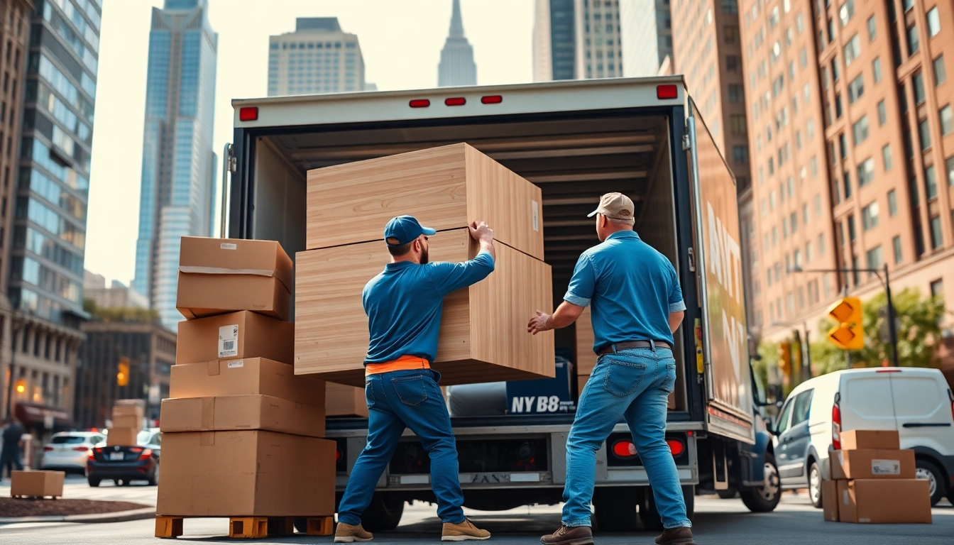 Busy scene of Best movers nyc efficiently loading furniture into a truck with New York skyline in the background.