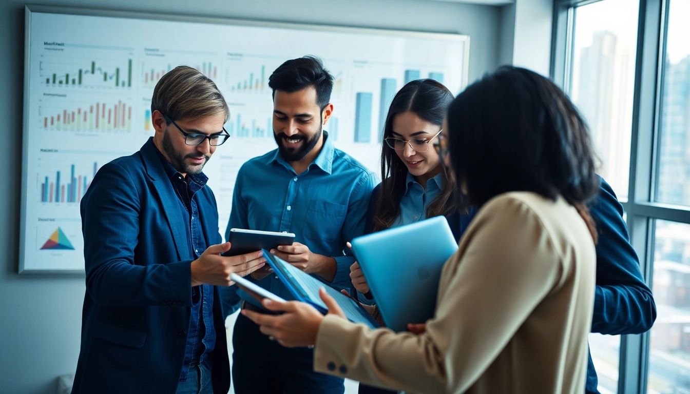 Engage in competitive intelligence with a professional team analyzing market strategies in a modern office