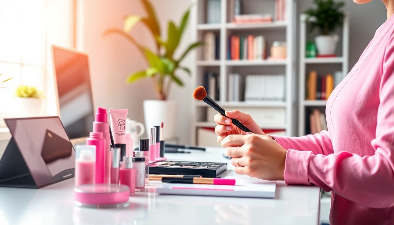 Engaging portrayal of beauty blogging at https://cosmeticsarenas.com with colorful cosmetics on a stylish desk.