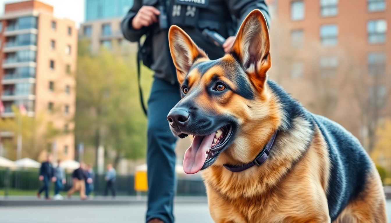 Security Dog Services Manchester team demonstrating professional protection in an urban setting.