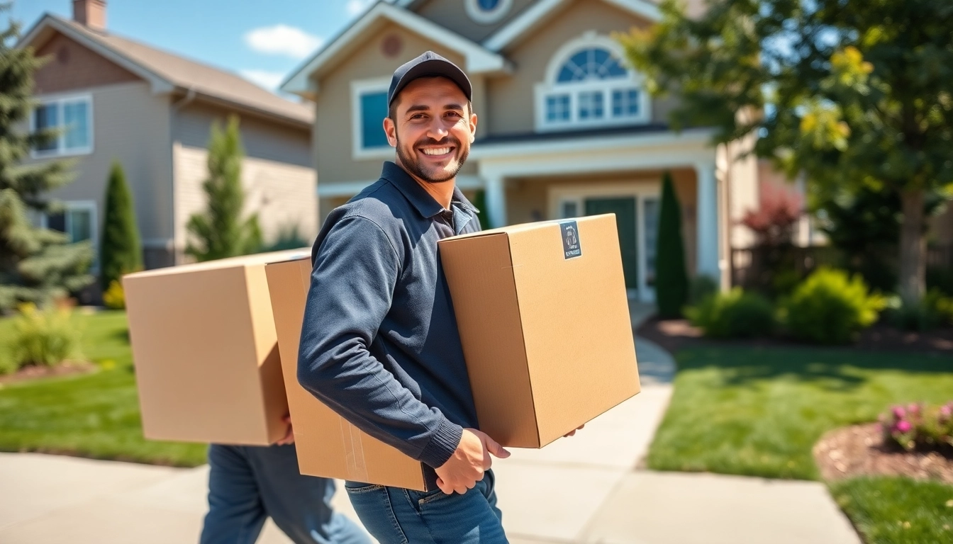 Movers Calgary carrying a box while smiling in a sunny neighborhood, showcasing professionalism.