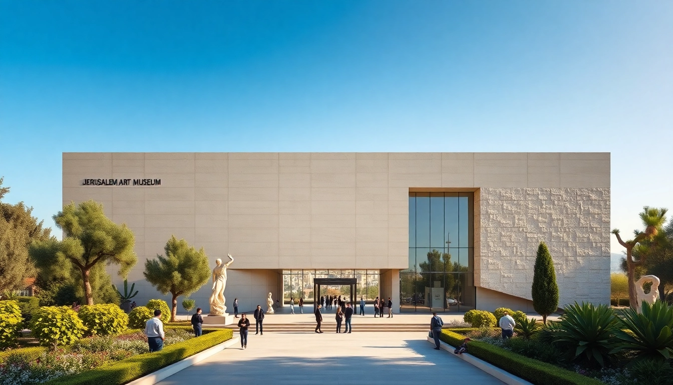 Explore the vibrant entrance of the Jerusalem Art Museum amidst artistic gardens and modern architecture.