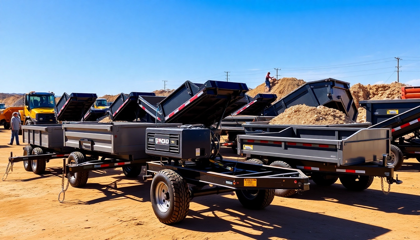 Browse hydraulic dump trailers for sale showcasing various models with advanced features in a dynamic construction setting.