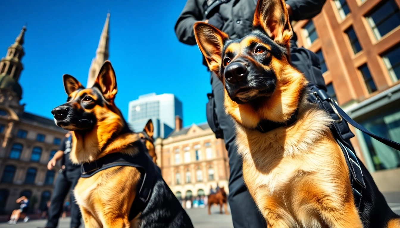 Security Dog Services Manchester featuring a trained German Shepherd ready for action in an urban setting.