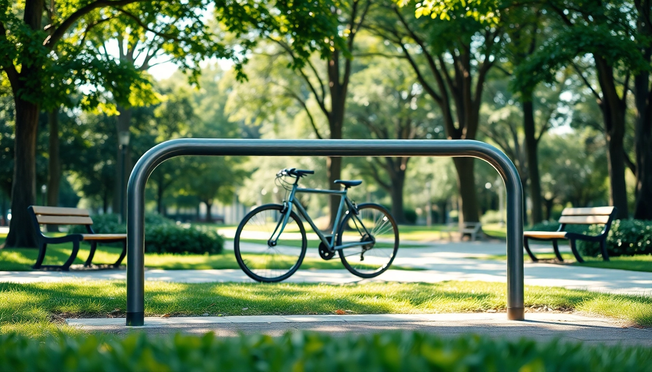 Showcasing a sleek designer bike rack in a lush park, inviting cyclists to securely park their bikes.