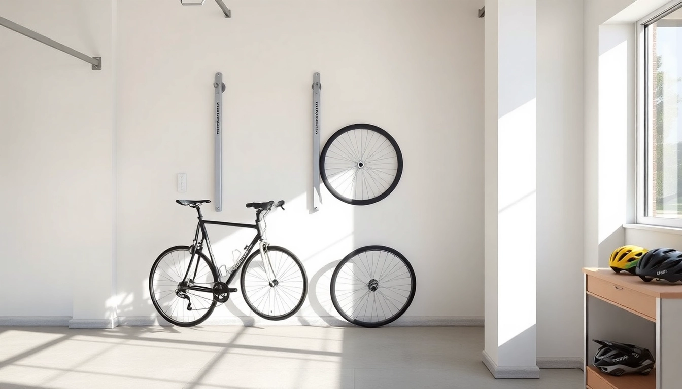 Showcase of wall-mounted bike storage featuring organized bikes and accessories in a modern garage.