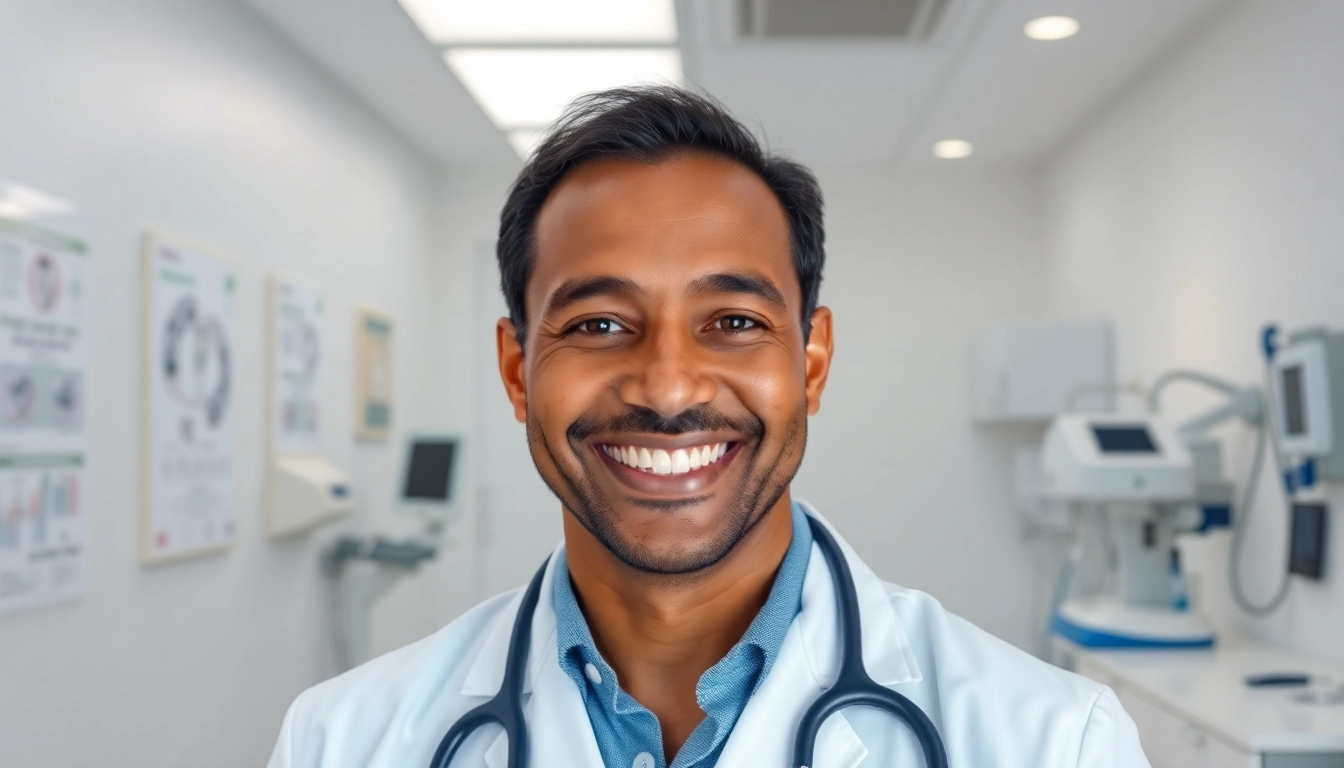 Dr. Parker smiling confidently in a modern medical office, exuding warmth and professionalism.