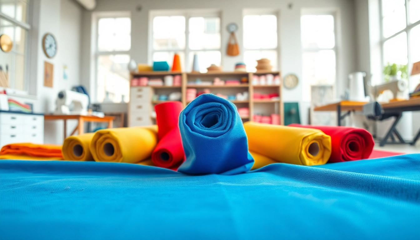 Ontdek canvasstoffen in een goed verlichte naai studio met heldere kleuren.