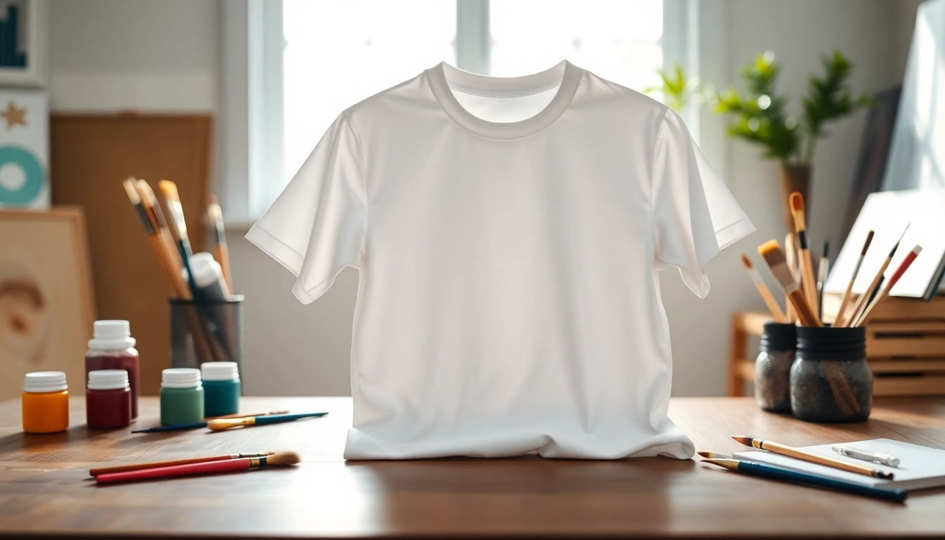 Showcasing a blank white t shirt alongside art supplies highlighting its creative potential.