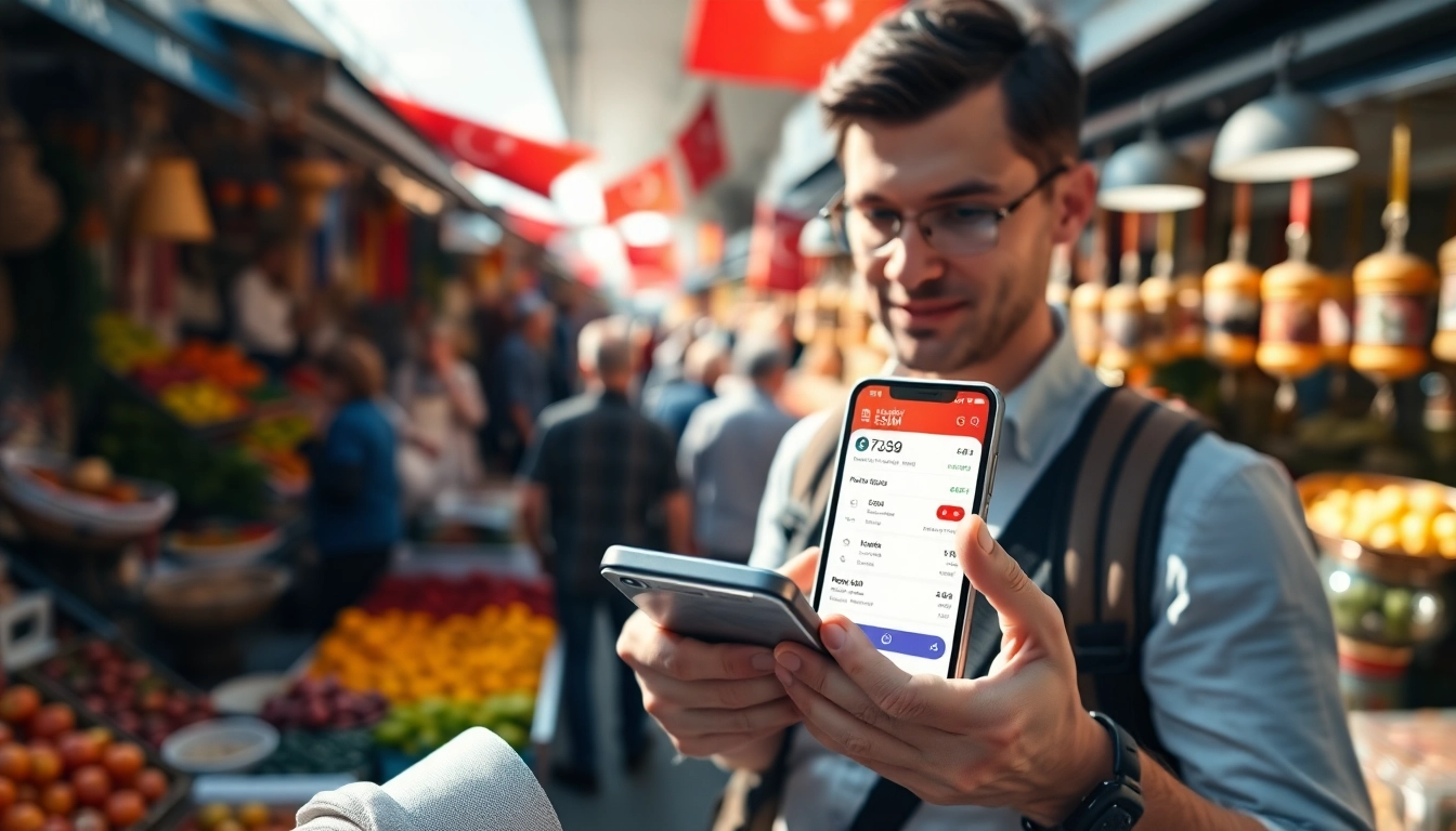 Stay connected in Turkey with a smartphone displaying turkey esim service options at a local market.