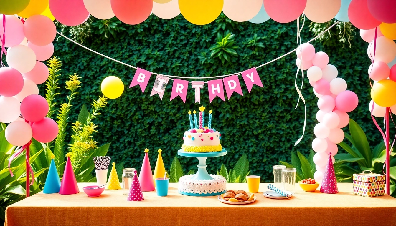 Organized customizable birthday party with vibrant decorations and a personalized cake display.