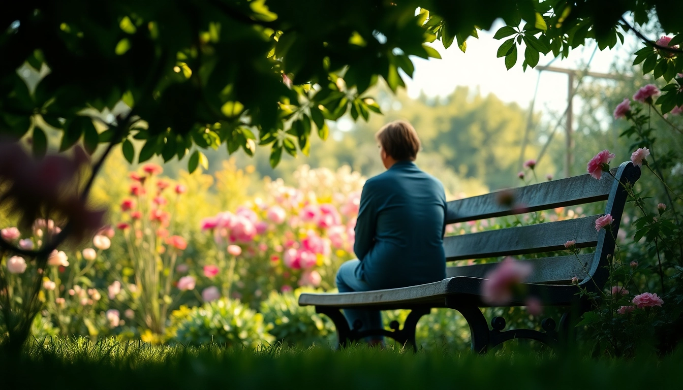 Person reflecting in a peaceful garden while dealing with grief surrounded by blooming flowers.