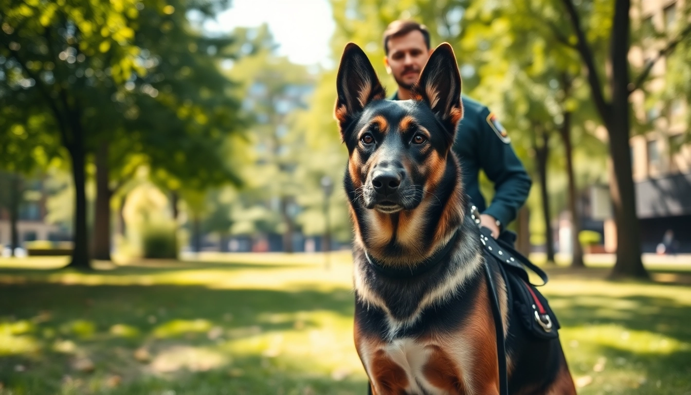 Security Dog Services Manchester team working with a trained dog in a Manchester park, ensuring safety.
