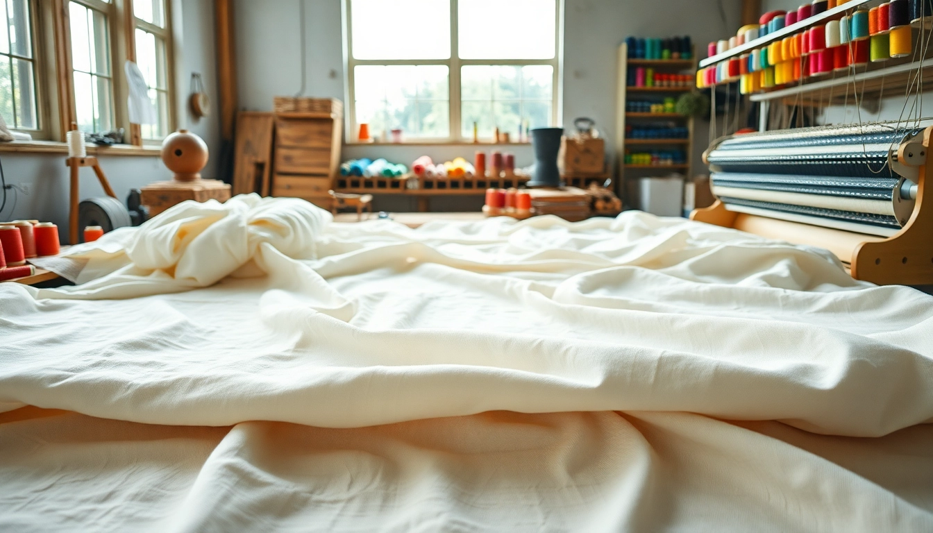 Katoen fabric displayed beautifully with colorful threads in a cozy textile workshop.