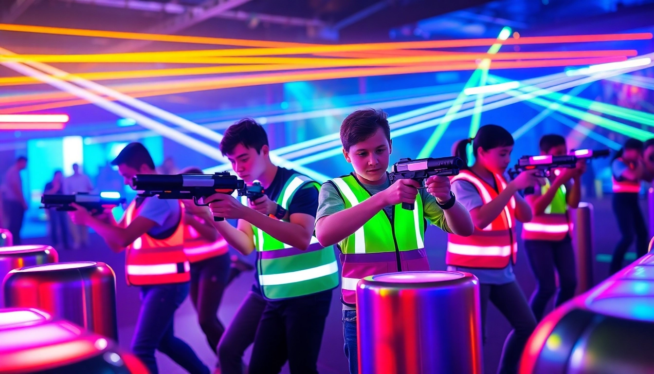 Participants enjoying a thrilling laser tag game in a colorful arena with vibrant lights.