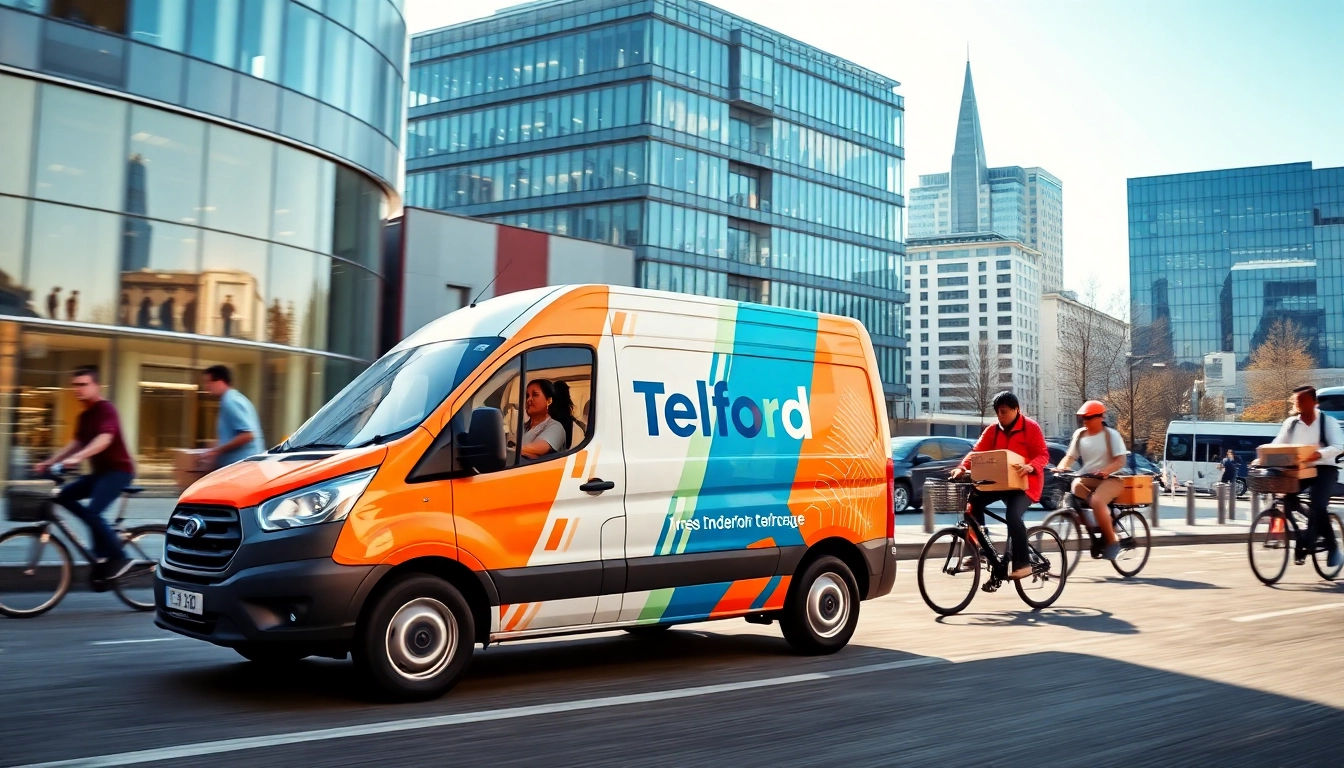 Delivering packages with a professional Telford courier in a vibrant urban setting.