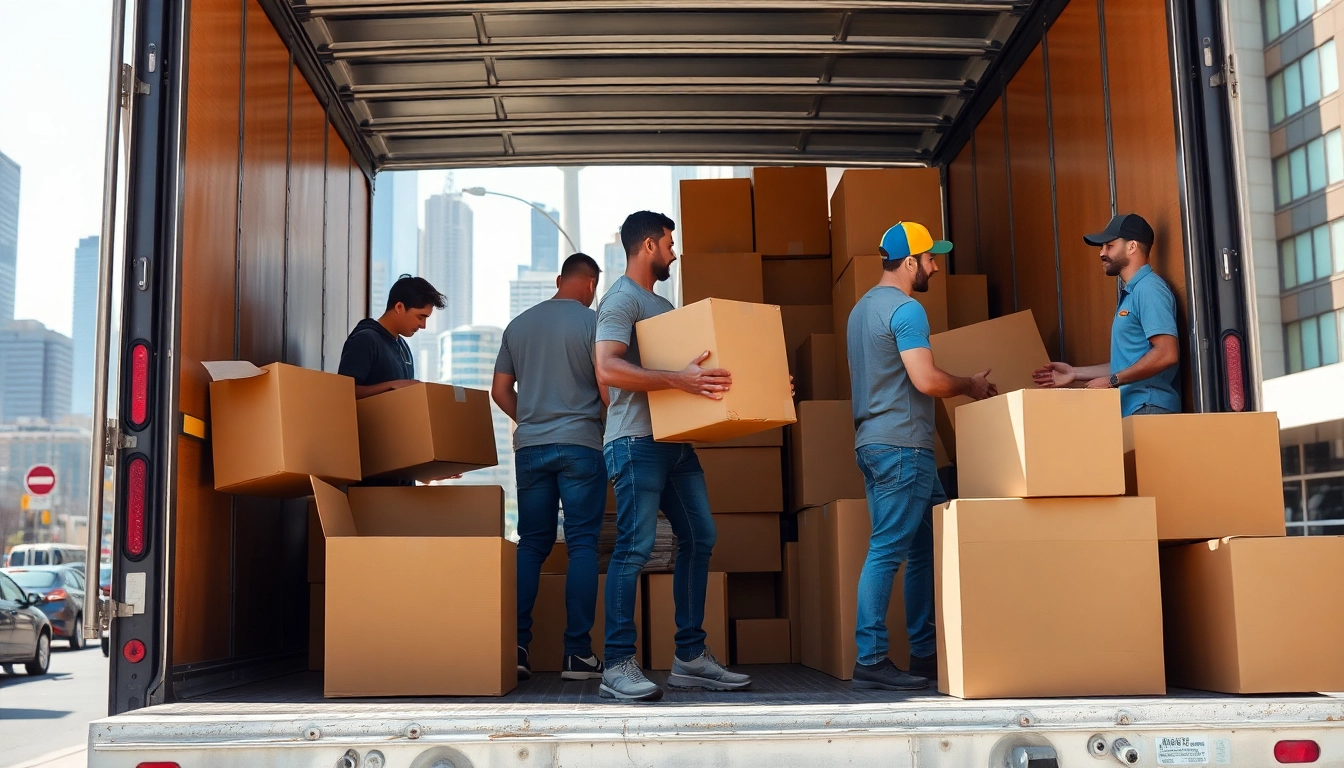 Experienced team providing efficient Toronto moving services while packing a truck in a busy urban setting.