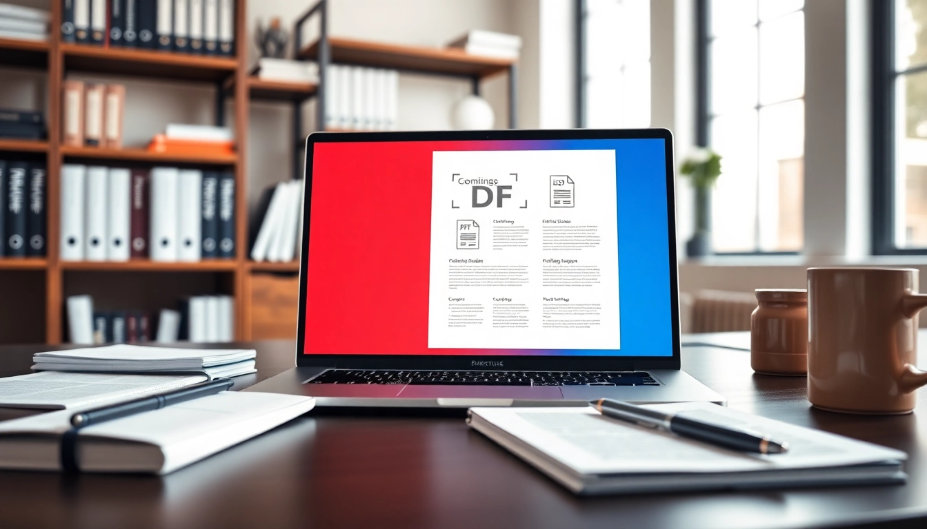 Combine PDF online tool displayed on a workspace with vibrant colors.