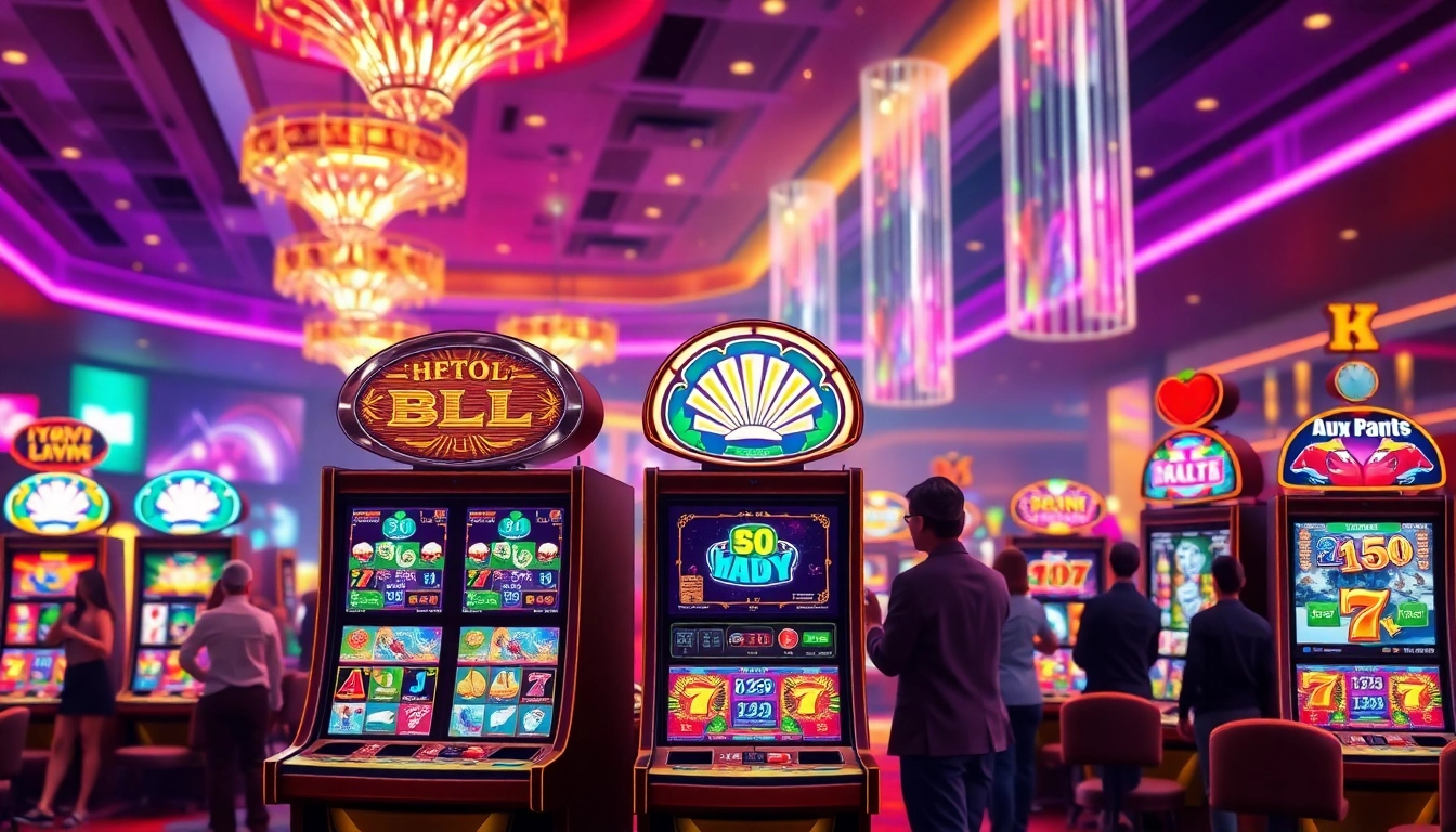 Jouer aux machines à sous en démo avec des designs colorés dans un casino animé.