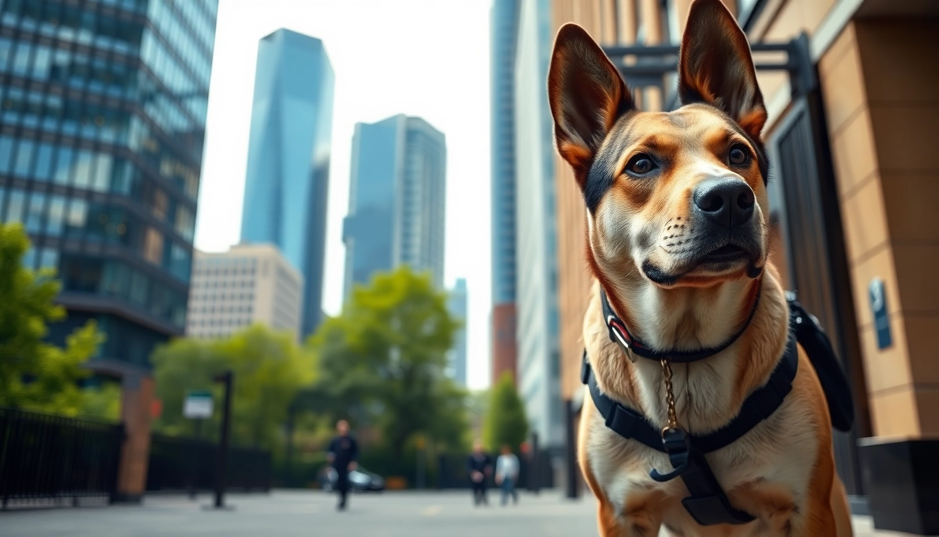 Security Dog Services Manchester features a vigilant dog patrolling a commercial area in Manchester.