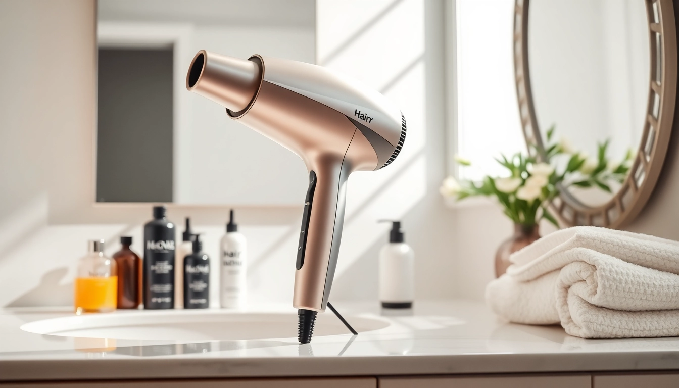Best blow dryer showcased elegantly on a vanity with inviting haircare elements.