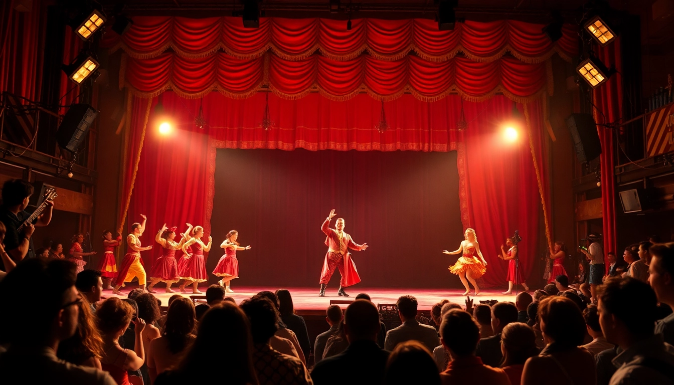 Stage performance at firelight theater showcasing vibrant costumes and dramatic lighting.