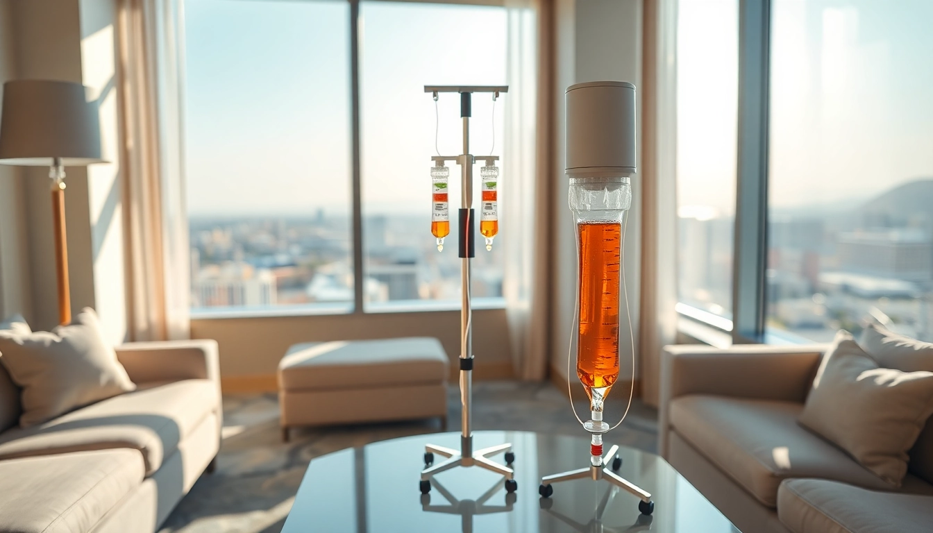 Experience vegas iv treatment with a professional IV setup in a luxurious hotel room.