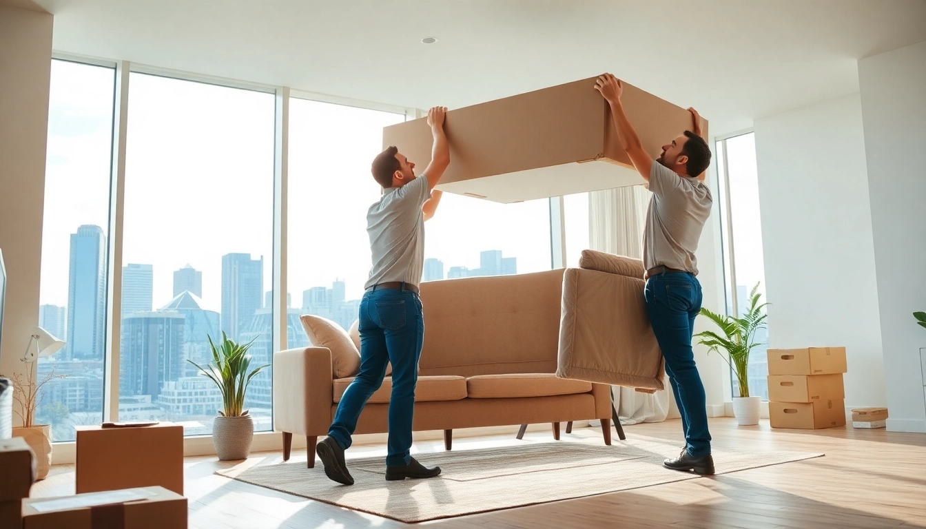Movers Calgary carefully arranging furniture in a bright living room setting to ensure a smooth relocation.