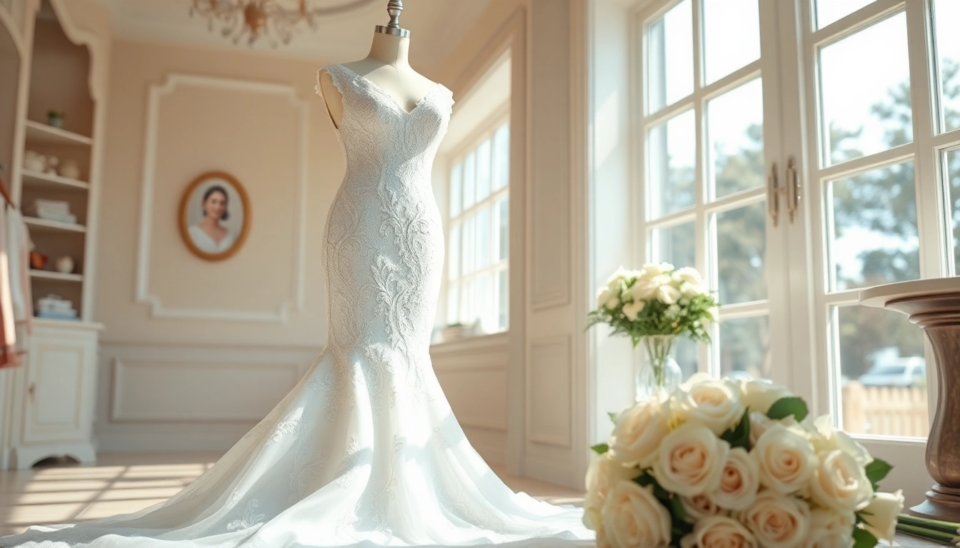 Elegant display of Mermaid Wedding Dresses showcasing intricate lace details and a dramatic train.