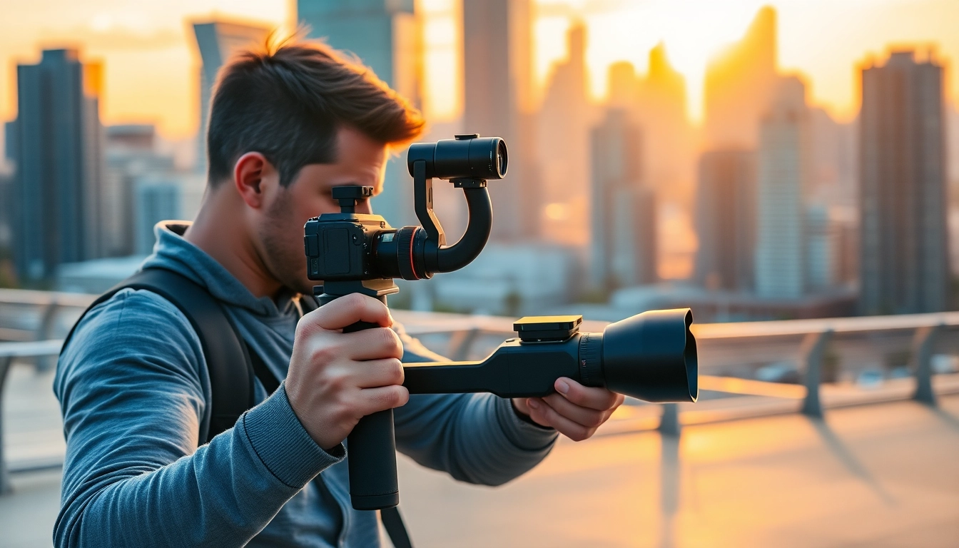 Capturing stunning shots with a handheld gimbal​ in an urban backdrop.