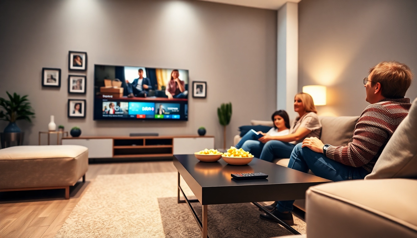 Profitez du service IPTV en famille dans un salon moderne avec un téléviseur et de la lumière chaleureuse.