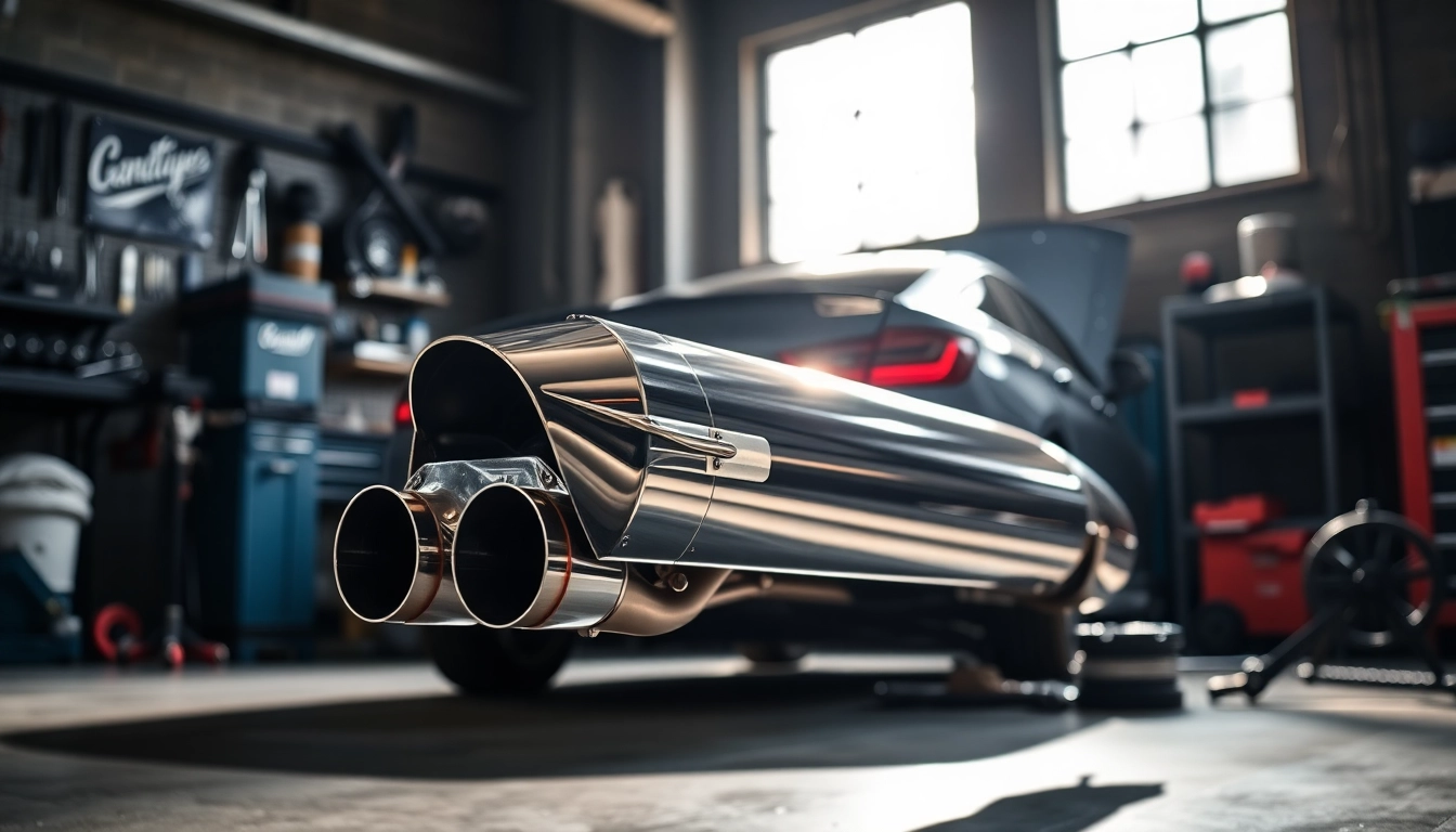 Showcasing the G80 Valved exhaust system with a polished finish in an automotive workshop.