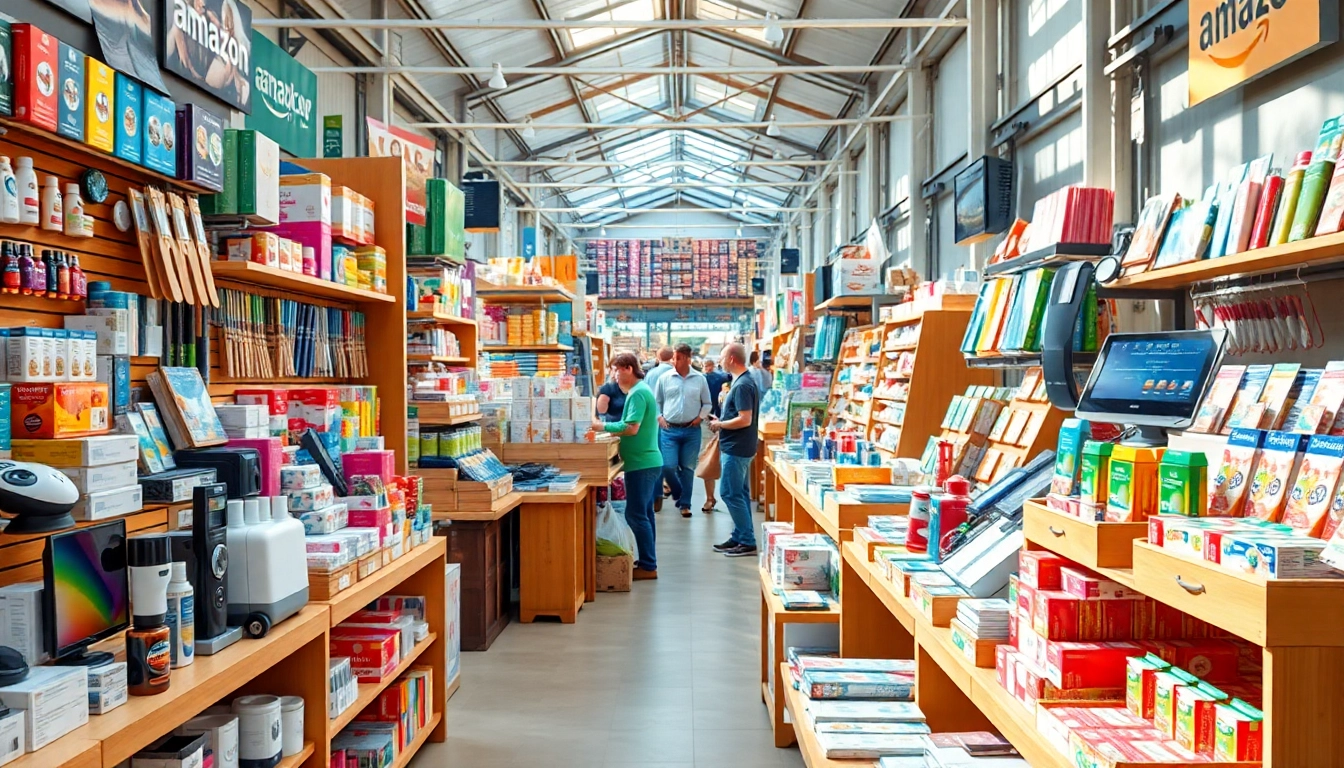 Showcasing diverse wholesale products to sell on Amazon in a vibrant marketplace setting.