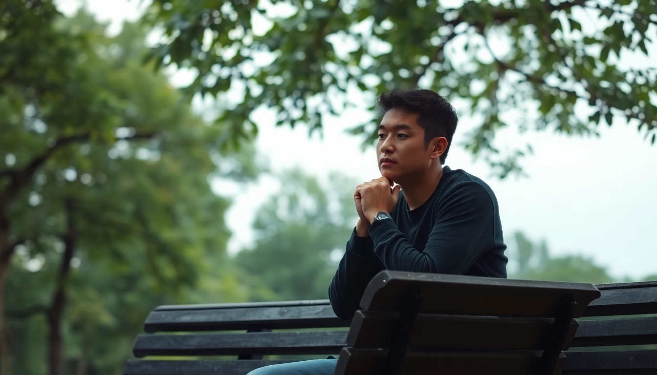 Individual reflecting while dealing with depression in a tranquil park setting.