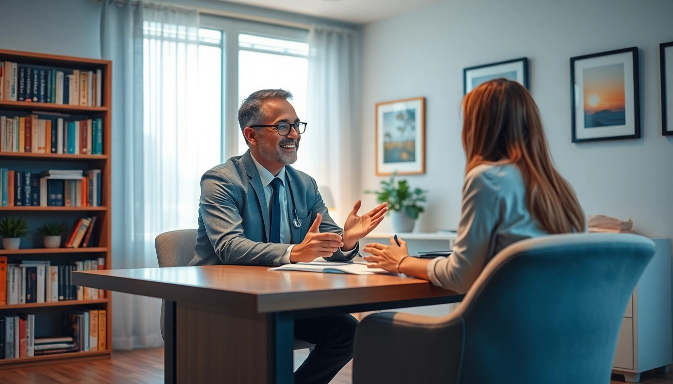 Psychiatrist consulting with a patient in a professional setting, fostering a supportive atmosphere.
