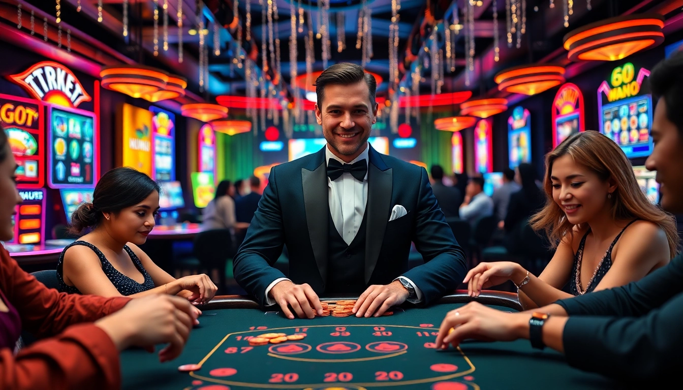 Players enjoying Live Dealer / Slots at a vibrant casino table with an engaging dealer.
