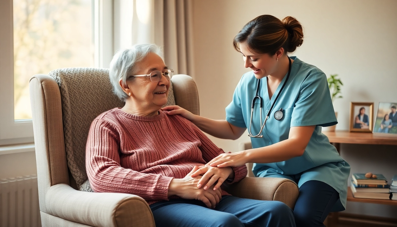 Austin senior home care scene with caregiver helping a senior in a cozy home setting.