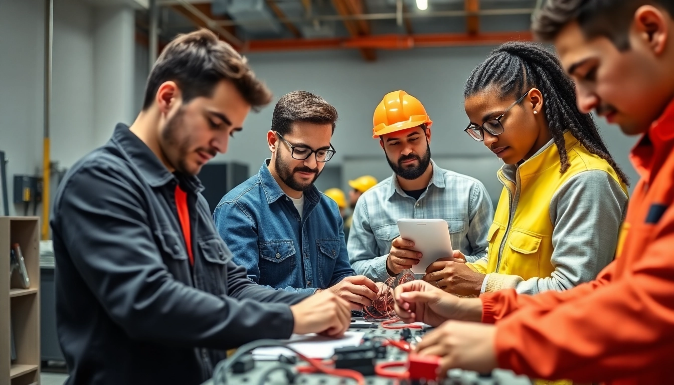 Engaged students in a Wyoming Electrical Apprenticeship wiring circuits in a vibrant training workshop.