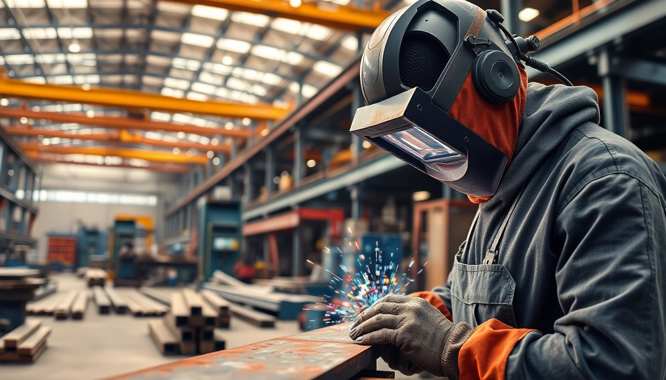 Skilled professional performing structural steel welding in a bustling industrial workshop.