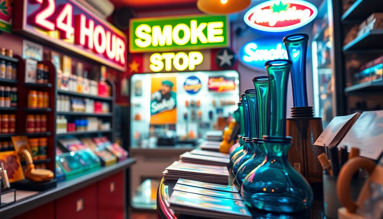 Shop displays at a 24 Hour Smoke Shop near me Miami, showcasing various smoking accessories for customers.