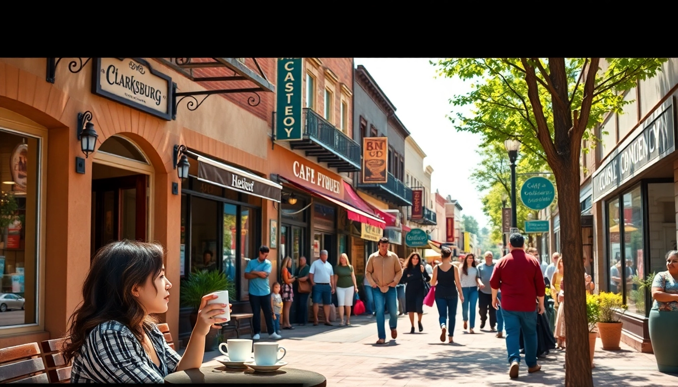 Clarksburg lively street scene featuring cafes and boutiques with people enjoying the day.