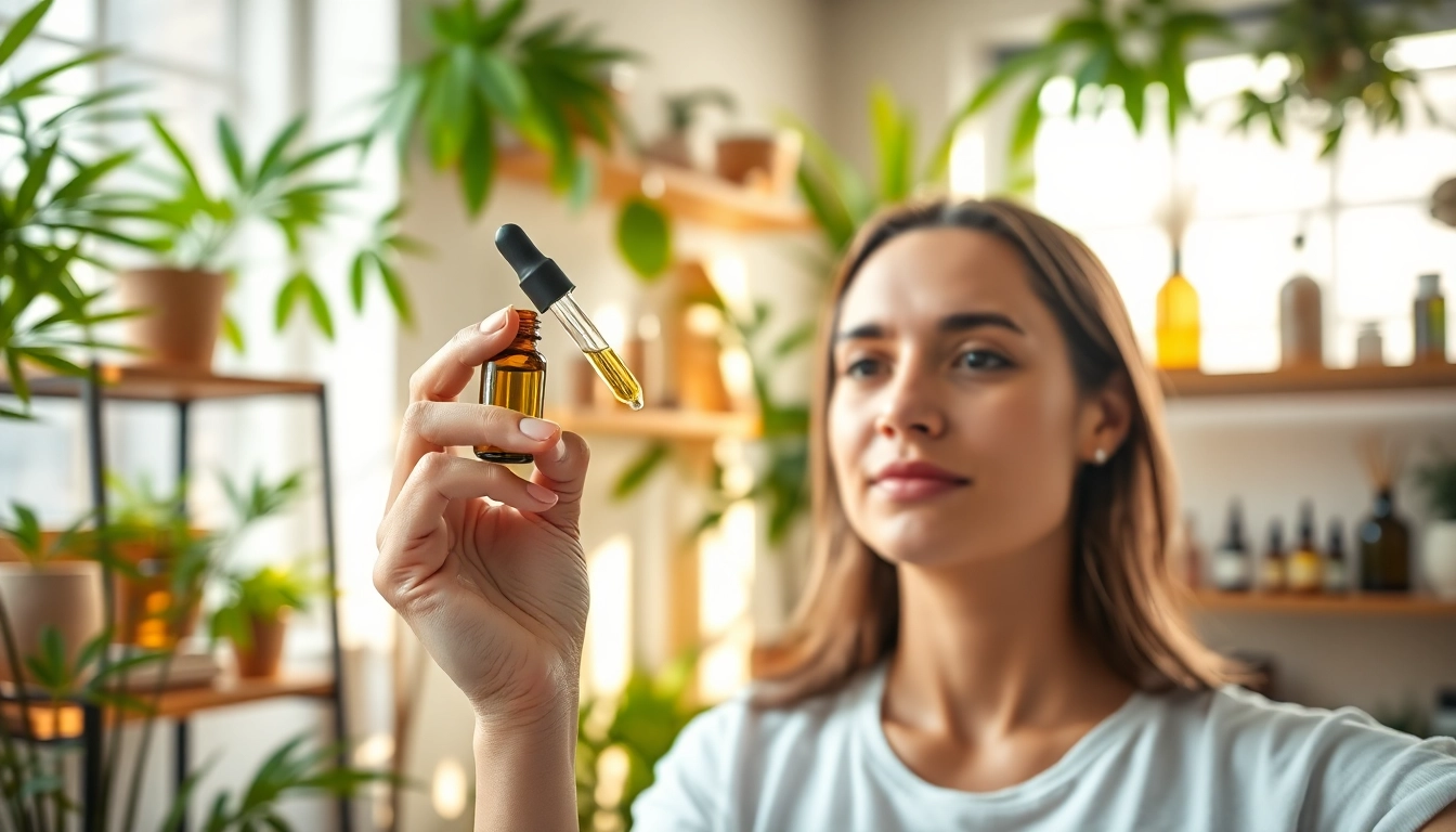 Applying CBD UK oil in a serene home setting with natural elements.