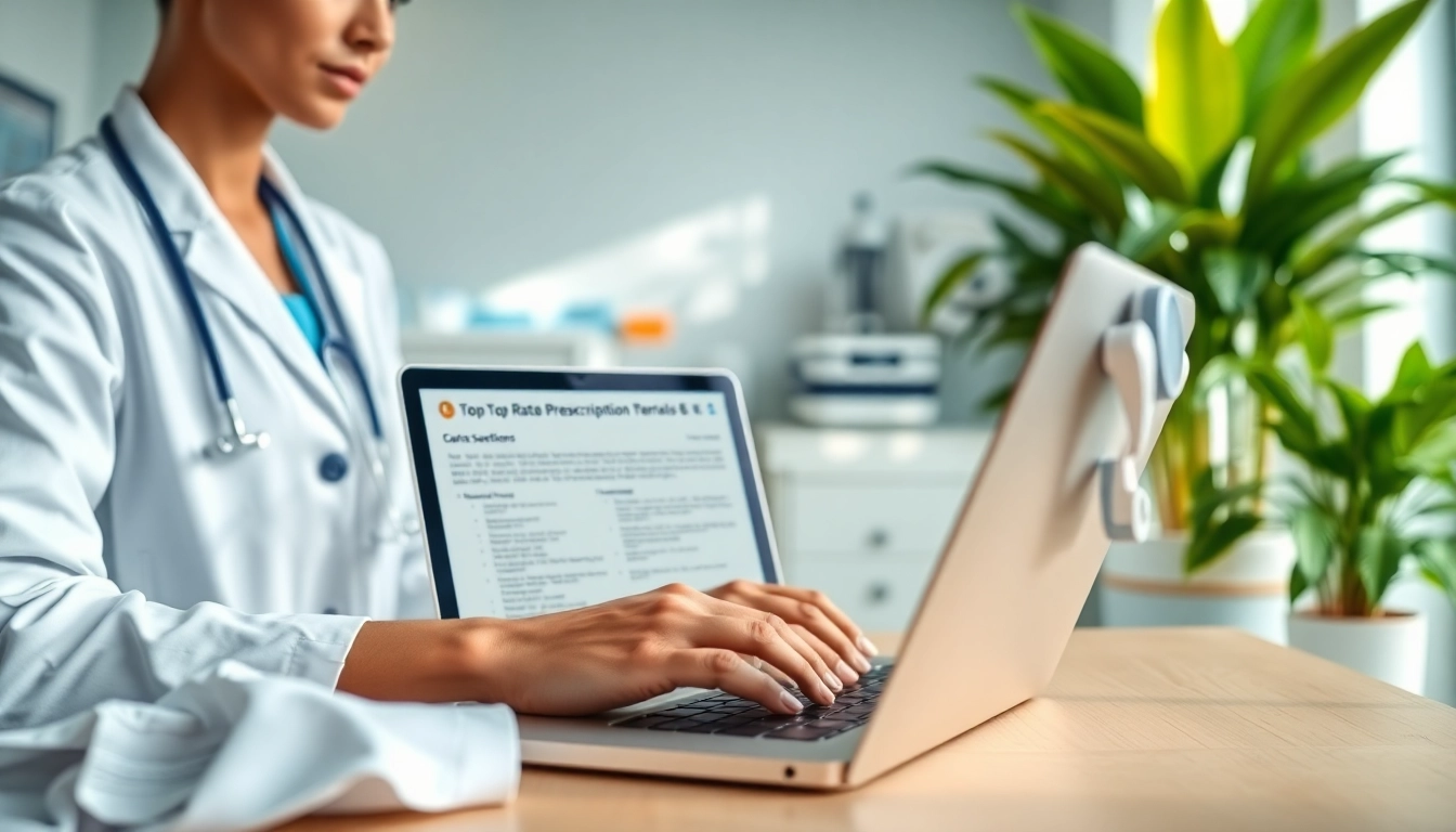 Reviewing top rated prescription applications on a laptop in a modern clinic environment.