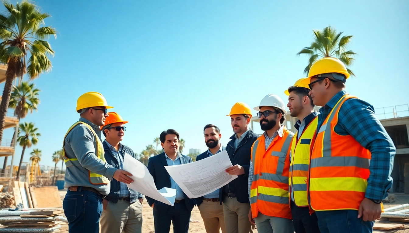 Team of professionals from the southern california contractors association discussing project plans at a sunny construction site.