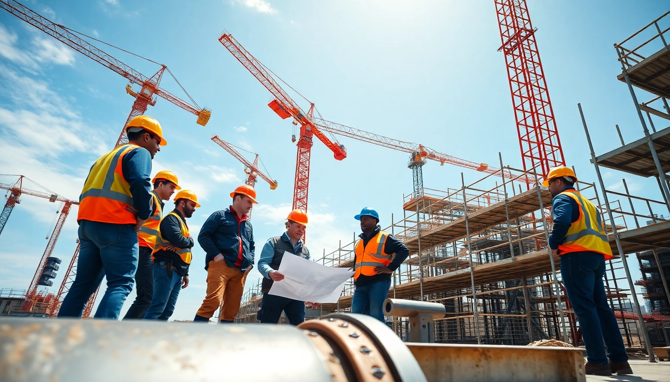 Austin construction workers collaborating on-site with blueprints and urban backdrop