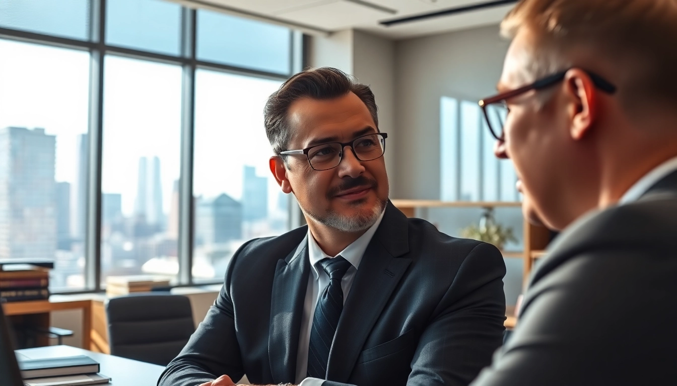Engaging eminent domain lawyer discussing legal strategies in a modern office environment.