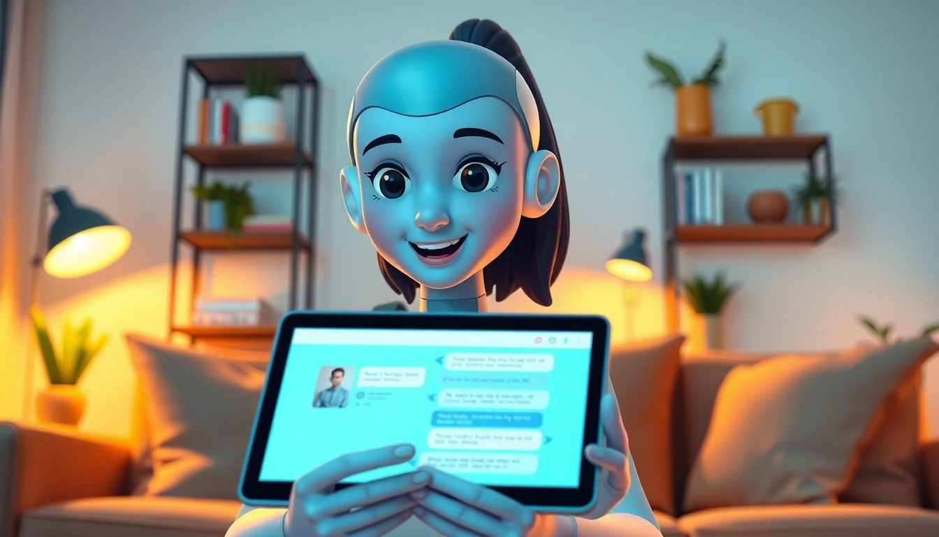Engaging AI companion unlimited chat in a cozy living room environment with warm lighting.