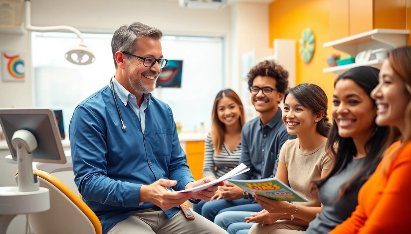 Consulting on braces Myrtle Beach, an orthodontist interacts with happy patients in a modern clinic.